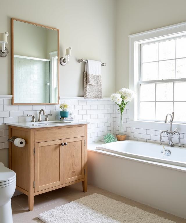 A coastal-themed bathroom in Brighton with a light oak vanity and brushed nickel fixtures.
