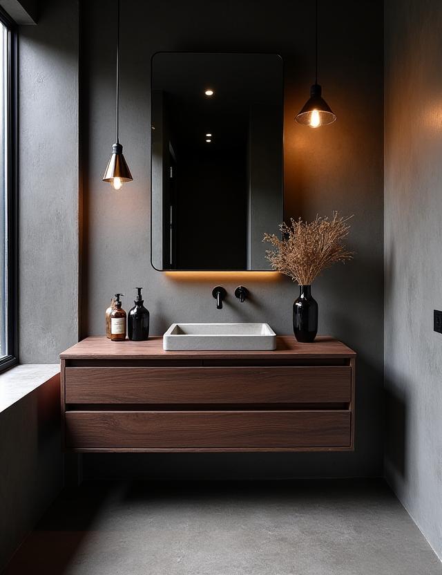 A modern bathroom renovation in Fitzroy featuring a dark timber vanity and concrete basin.