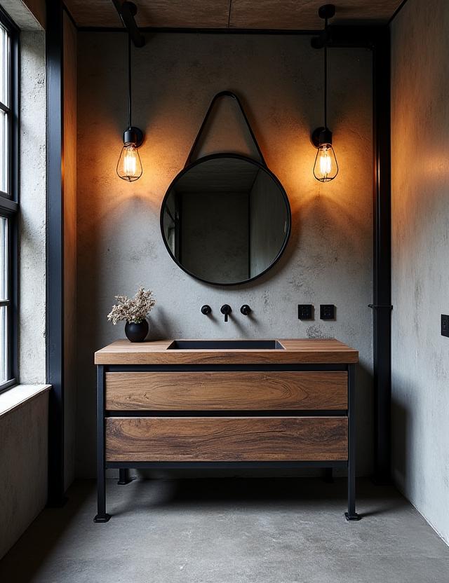 An industrial-style bathroom featuring black metal frames and a reclaimed wood vanity.