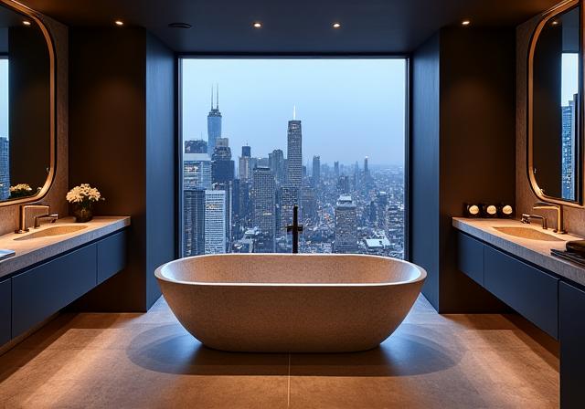 A penthouse bathroom in South Yarra with stunning city views and a bespoke stone bathtub.