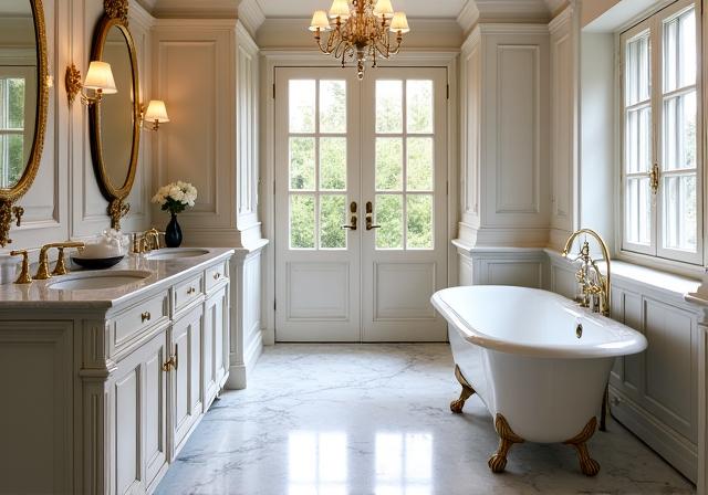 A classic, elegant bathroom in Toorak with a marble-topped vanity and freestanding clawfoot tub.