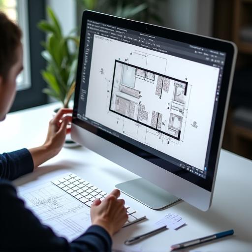 A close-up of a designer working on a CAD drawing for a bathroom layout.