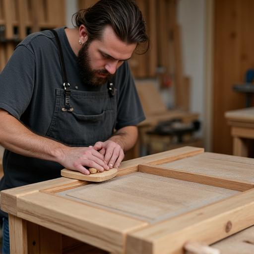 A craftsman carefully sanding a custom wooden bathroom vanity.