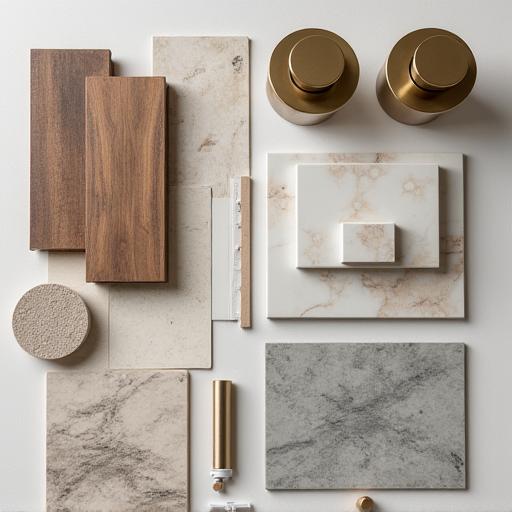 A flat lay of various material samples including wood, marble, and brushed brass taps.