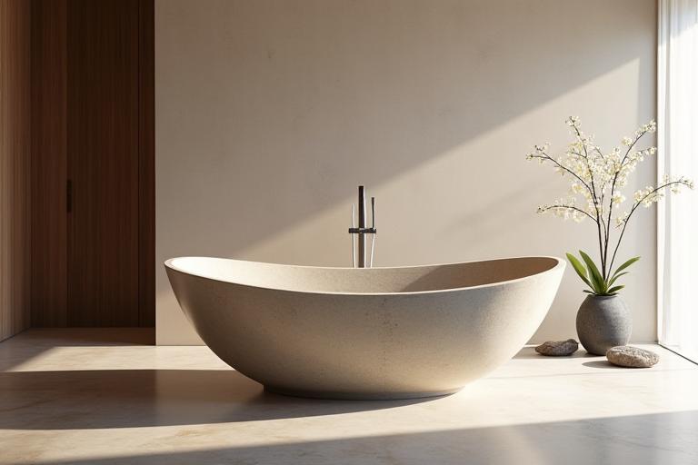 A unique, custom-shaped freestanding stone bathtub in a minimalist bathroom.