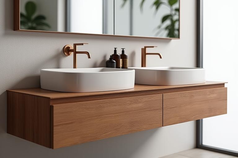A beautifully crafted floating timber vanity with dual basins.