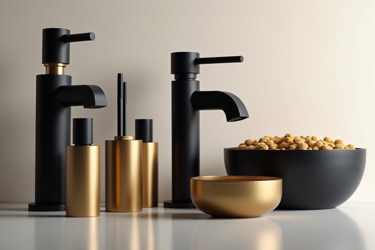 A display of premium matte black and brushed brass bathroom fixtures.